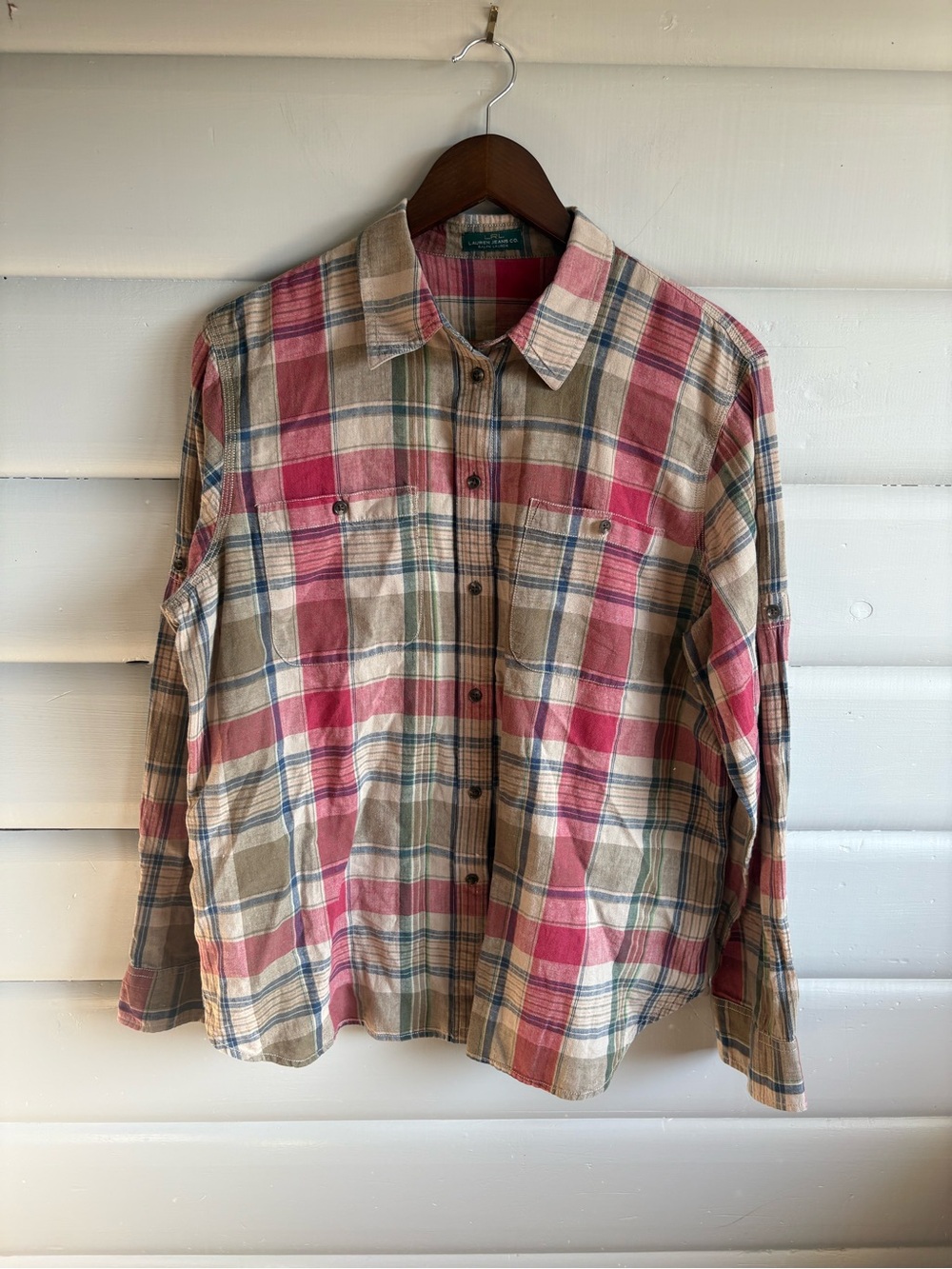 Lauren Ralph Lauren Plaid Button Up Shirt Roll Tab Sleeves XL Quiet Luxury